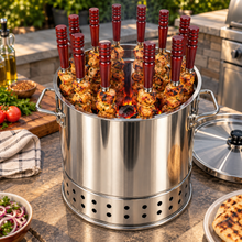 Large Stainless Steel Charcoal BBQ Grill & Skewer Set – Portable Vertical Kabob Grill with Wooden-Handle Skewers, Lid & Accessories