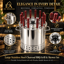 Large Stainless Steel Charcoal BBQ Grill & Skewer Set – Portable Vertical Kabob Grill with Wooden-Handle Skewers, Lid & Accessories