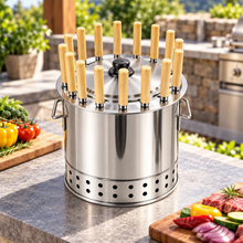 Medium Stainless Steel Charcoal BBQ Grill & Skewer Set – Portable Vertical Kabob Grill with Wooden-Handle Skewers, Lid & Accessories