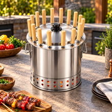 Medium Stainless Steel Charcoal BBQ Grill & Skewer Set – Portable Vertical Kabob Grill with Wooden-Handle Skewers, Lid & Accessories