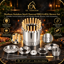 Medium Stainless Steel Charcoal BBQ Grill & Skewer Set – Portable Vertical Kabob Grill with Wooden-Handle Skewers, Lid & Accessories
