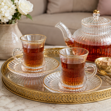 Ribbed Clear Glass Turkish Tea Cup and Saucer Set with Gold-Tone Rims, 12-Piece