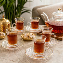 Ribbed Clear Glass Turkish Tea Cup and Saucer Set with Gold-Tone Rims, 12-Piece