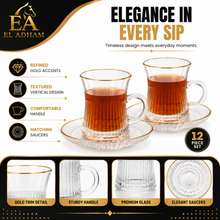 Ribbed Clear Glass Turkish Tea Cup and Saucer Set with Gold-Tone Rims, 12-Piece