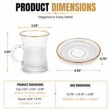 Ribbed Clear Glass Turkish Tea Cup and Saucer Set with Gold-Tone Rims, 12-Piece