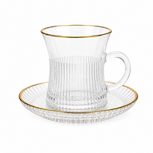 Ribbed Clear Glass Turkish Tea Cup and Saucer Set with Gold-Tone Rims, 12-Piece
