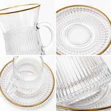 Ribbed Clear Glass Turkish Tea Cup and Saucer Set with Gold-Tone Rims, 12-Piece