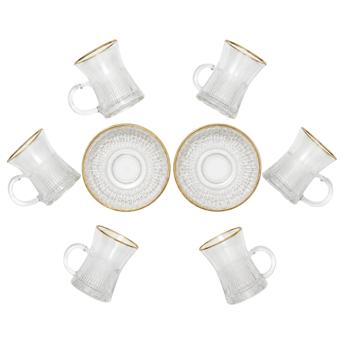 Ribbed Clear Glass Turkish Tea Cup and Saucer Set with Gold-Tone Rims, 12-Piece