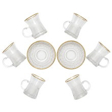Ribbed Clear Glass Turkish Tea Cup and Saucer Set with Gold-Tone Rims, 12-Piece