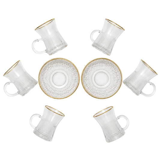 Ribbed Clear Glass Turkish Tea Cup and Saucer Set with Gold-Tone Rims, 12-Piece