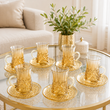 12-Piece Amber Glass Turkish Tea Cup and Saucer Set, 120 mL