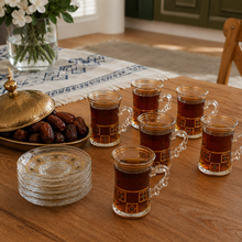 12-Piece Gold-Rimmed Glass Turkish Tea Cup and Saucer Set with Black Geometric Accents