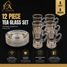 12-Piece Gold-Rimmed Glass Turkish Tea Cup and Saucer Set with Black Geometric Accents