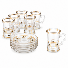 12-Piece Gold-Rimmed Glass Turkish Tea Cup and Saucer Set with Black Geometric Accents