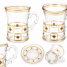 12-Piece Gold-Rimmed Glass Turkish Tea Cup and Saucer Set with Black Geometric Accents