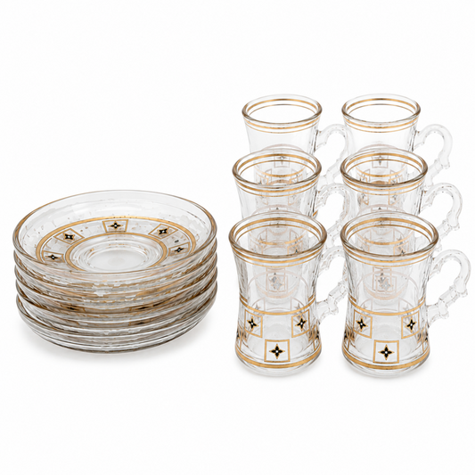 12-Piece Gold-Rimmed Glass Turkish Tea Cup and Saucer Set with Black Geometric Accents