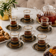 12-Piece Black and Gold Turkish Tea Glass Set with Matching Saucers