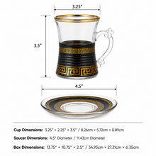 12-Piece Black and Gold Turkish Tea Glass Set with Matching Saucers