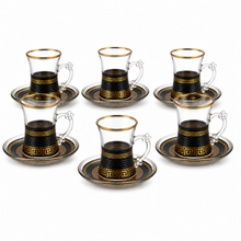12-Piece Black and Gold Turkish Tea Glass Set with Matching Saucers