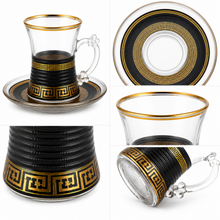12-Piece Black and Gold Turkish Tea Glass Set with Matching Saucers