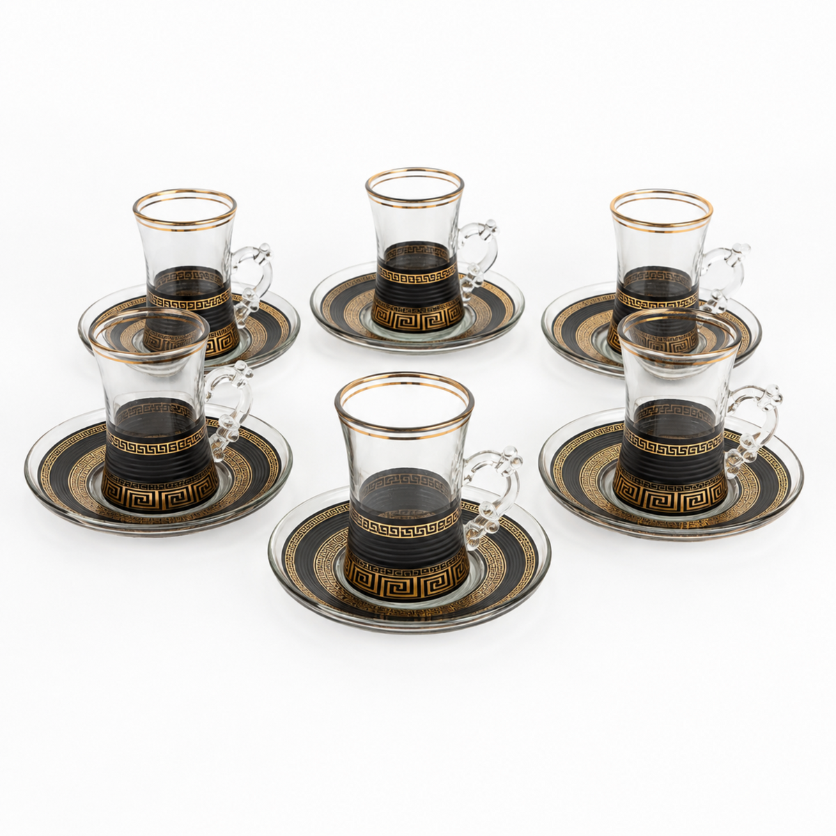 12-Piece Black and Gold Turkish Tea Glass Set with Matching Saucers
