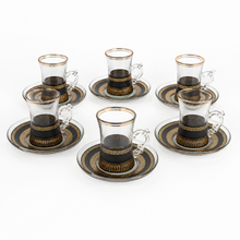 12-Piece Black and Gold Turkish Tea Glass Set with Matching Saucers