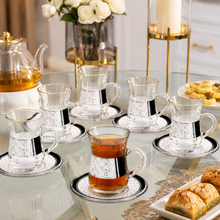 Elegant Turkish Tea Glass Set – 6 Glass Tea Cups & 6 Matching White, Black & Gold Saucers