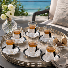 Elegant Turkish Tea Glass Set – 6 Glass Tea Cups & 6 Matching White, Black & Gold Saucers