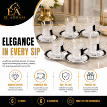 Elegant Turkish Tea Glass Set – 6 Glass Tea Cups & 6 Matching White, Black & Gold Saucers