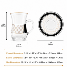 Elegant Turkish Tea Glass Set – 6 Glass Tea Cups & 6 Matching White, Black & Gold Saucers