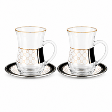 Elegant Turkish Tea Glass Set – 6 Glass Tea Cups & 6 Matching White, Black & Gold Saucers