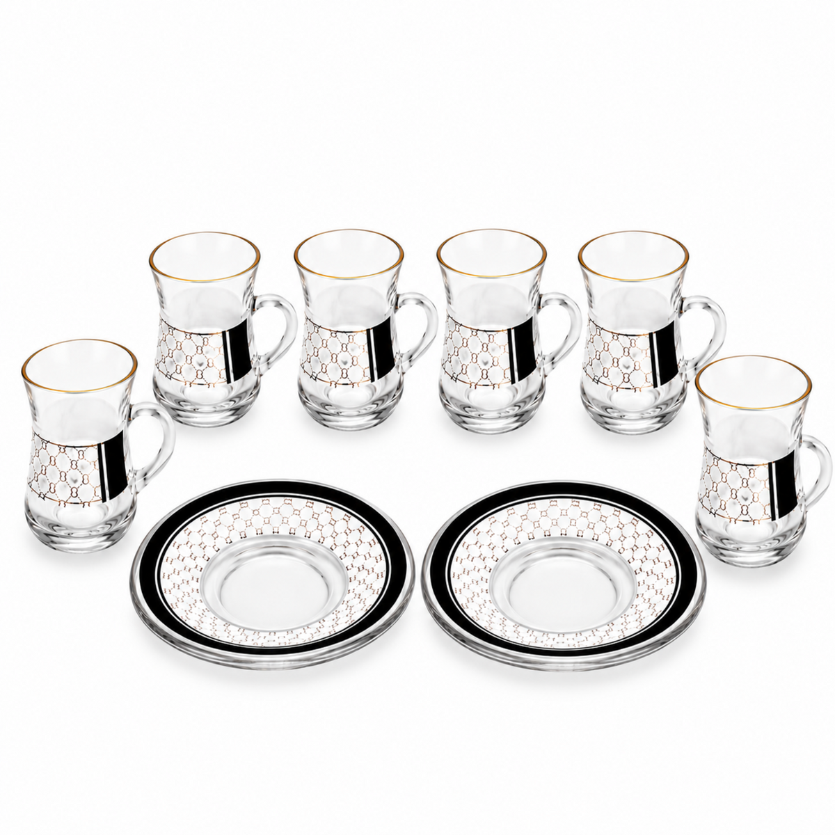 Elegant Turkish Tea Glass Set – 6 Glass Tea Cups & 6 Matching White, Black & Gold Saucers