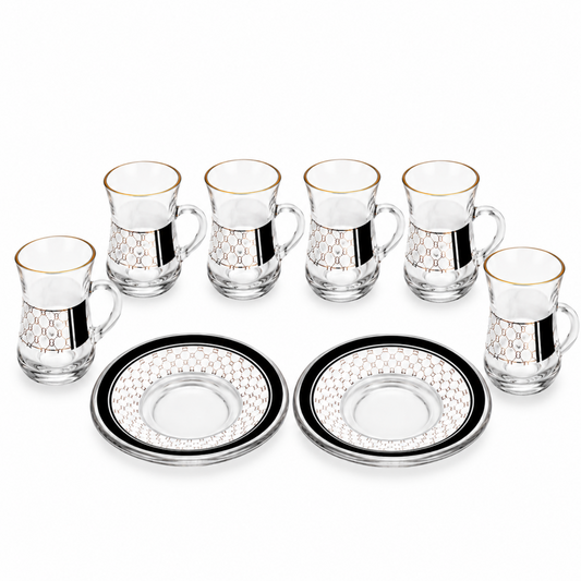 Elegant Turkish Tea Glass Set – 6 Glass Tea Cups & 6 Matching White, Black & Gold Saucers