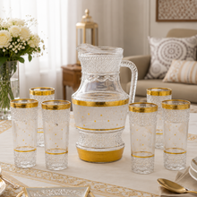 7- Piece Gold Accent Glass Pitcher w/ 6 Matching Cups-Golden Stars
