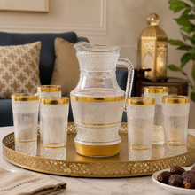 7- Piece Gold Accent Glass Pitcher w/ 6 Matching Cups-Golden Stars