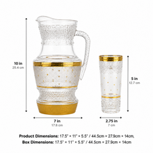 7- Piece Gold Accent Glass Pitcher w/ 6 Matching Cups-Golden Stars