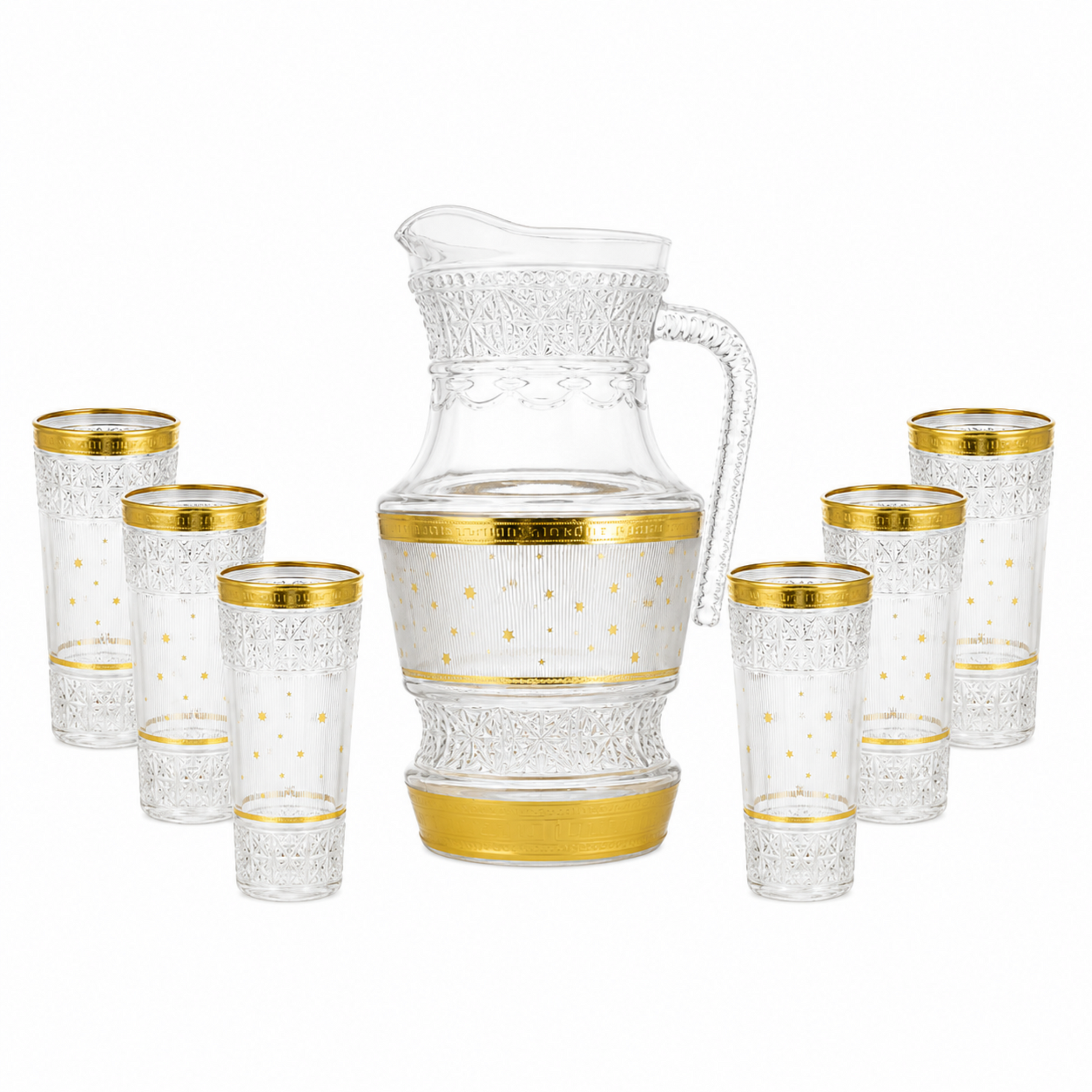 7- Piece Gold Accent Glass Pitcher w/ 6 Matching Cups-Golden Stars