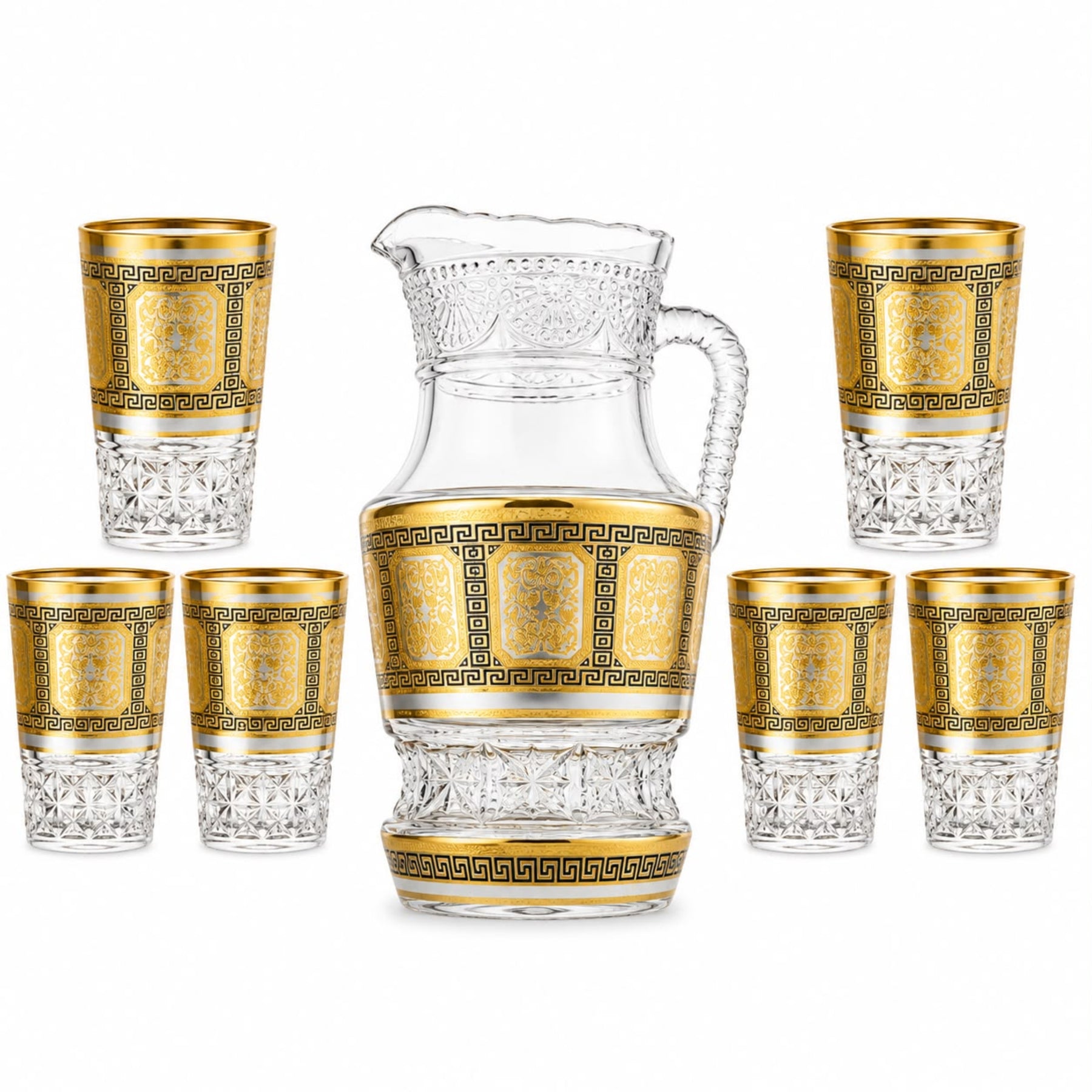 7- Piece Gold Accent Glass Pitcher w/ 6 Matching Cups