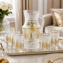 7-Piece Glass pitcher W/ 6-Cups Gold and Silver Design