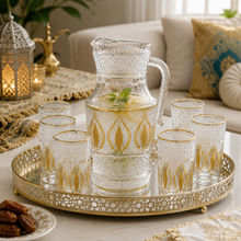7-Piece Glass pitcher W/ 6-Cups Gold and Silver Design