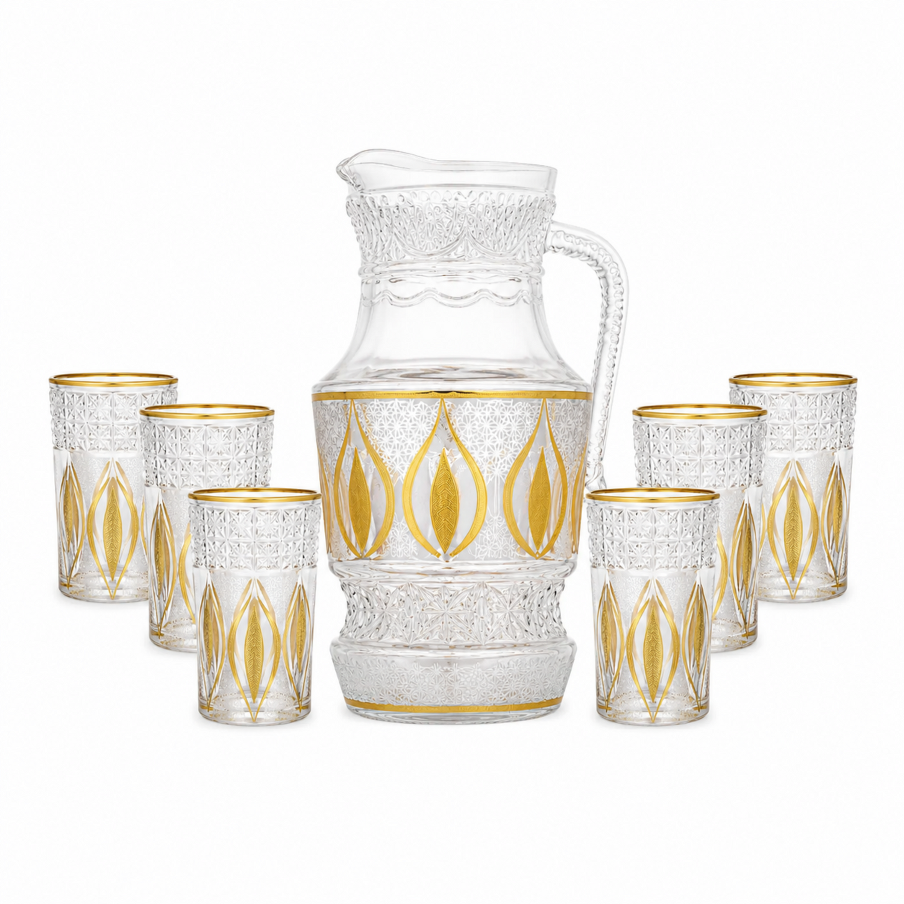 7-Piece Glass pitcher W/ 6-Cups Gold and Silver Design