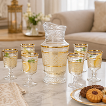 Elegant 7-Piece Glass Water Serving Set with Pitcher and 6 Goblets, Gold Geometric Pattern, Decorative Beverage Set
