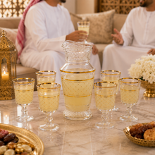 Elegant 7-Piece Glass Water Serving Set with Pitcher and 6 Goblets, Gold Geometric Pattern, Decorative Beverage Set