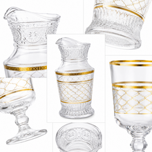 Elegant 7-Piece Glass Water Serving Set with Pitcher and 6 Goblets, Gold Geometric Pattern, Decorative Beverage Set
