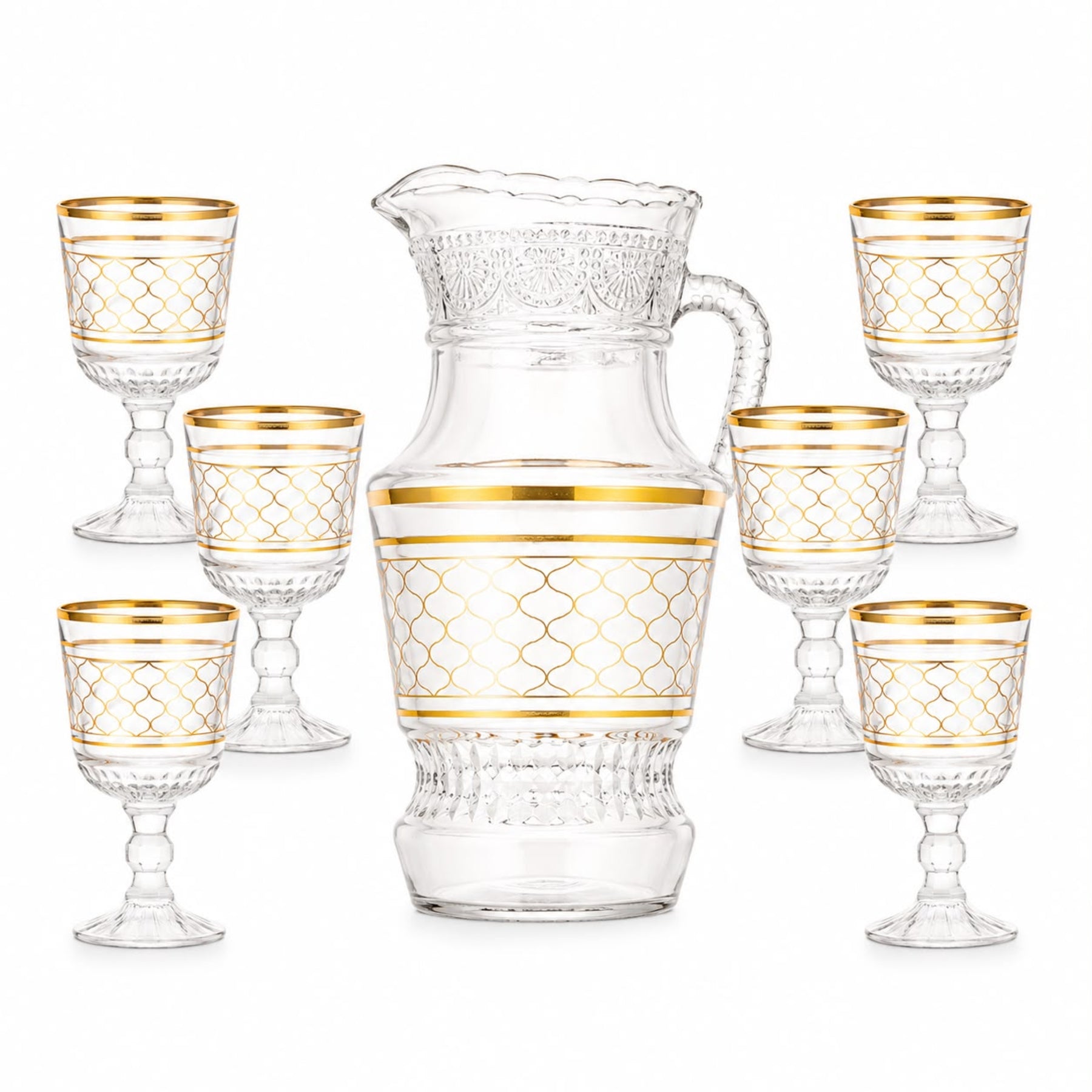 Elegant 7-Piece Glass Water Serving Set with Pitcher and 6 Goblets, Gold Geometric Pattern, Decorative Beverage Set