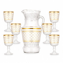 Elegant 7-Piece Glass Water Serving Set with Pitcher and 6 Goblets, Gold Geometric Pattern, Decorative Beverage Set