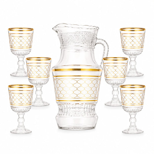7-Piece Glass Water Serving Set with Pitcher and 6 Gold Geometric Goblets
