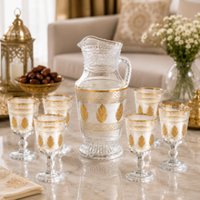 7-Piece Glass pitcher W/ 6-Goblets Gold and Silver Feather Design