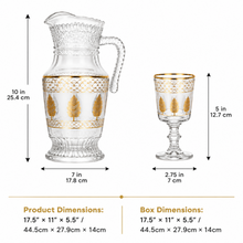 7-Piece Glass pitcher W/ 6-Goblets Gold and Silver Feather Design