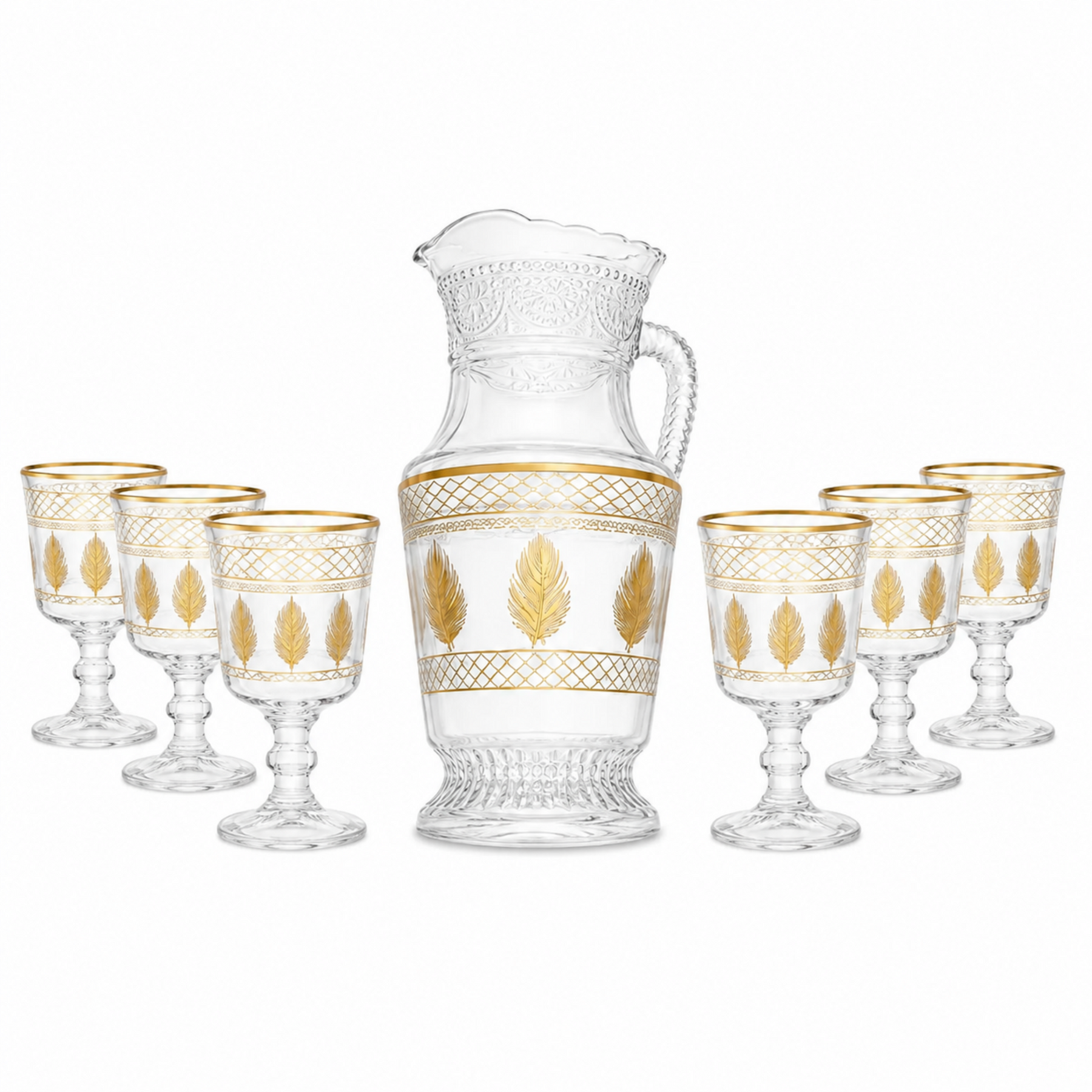 7-Piece Glass pitcher W/ 6-Goblets Gold and Silver Feather Design